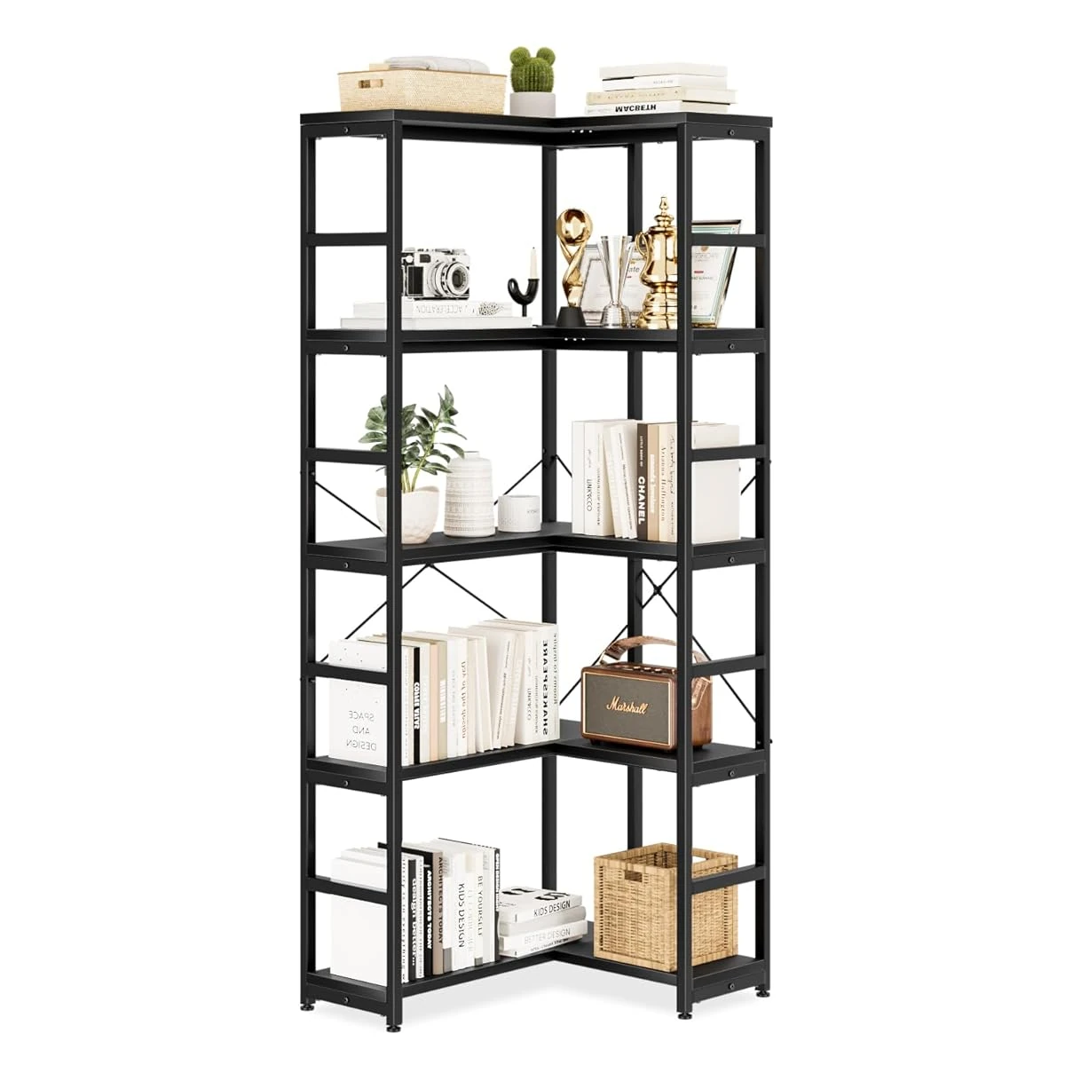NUMENN 5 Tier Corner Bookshelf Wood and Metal Boo awhd ca b0dlw5qlk2 1
