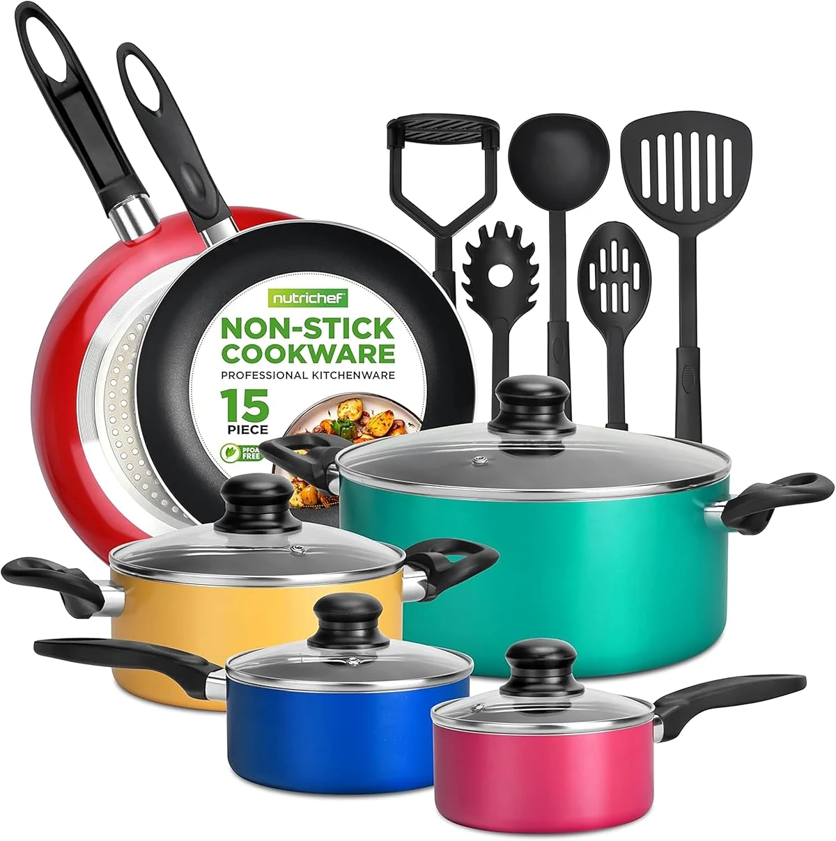 NutriChef 15 Piece Pots and Pan Set  Colorful Nons awhd ca b08dvg3lk4 1
