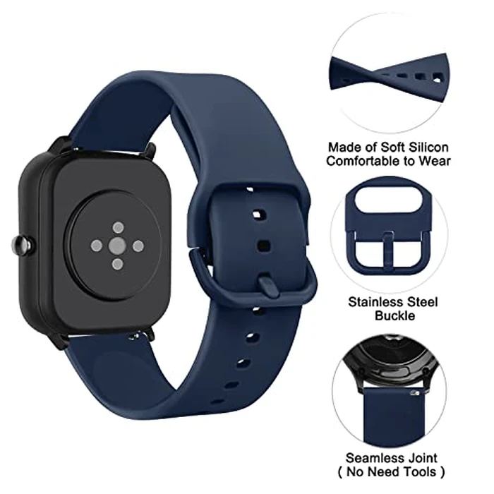 Oumida TPU Bands for Amazfit Bip 3 Pro/Bip 3/ Bip U Pro/Bip U/Bip S/Bip Lite/Bip S Lite/GTS 42mm, 20mm Quick Relase Soft Straps with Metal Buckle, Durable Wristbands for Women Men (Black+Grey Blue+Deep Blue) by Oumida - Image 2