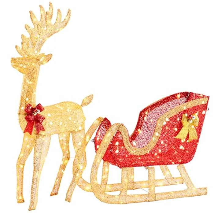 Sweetcrispy Lighted Christmas Reindeer & Santa Sleigh Set, Xmas Pre-Lit Yard Decoration w/ 180 LED Lights, 4 FT Holiday Deer & Sled for Garden Lawn Patio Display, Gold Reindeer-Red Santa Sleigh by Sweetcrispy - Used - Very Good condition - US$34.23