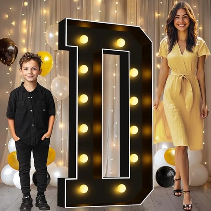 Pooqla 4 FT Marquee Light Up Letters, Black Marquee Letter Lights 4 Feet Tall, Giant Letter Sign Big Mosaic Letters for Balloons Birthday Party Anniversary Wedding Decorations, Warm White Letter D by Pooqla - Used - Very Good condition - US$31.97