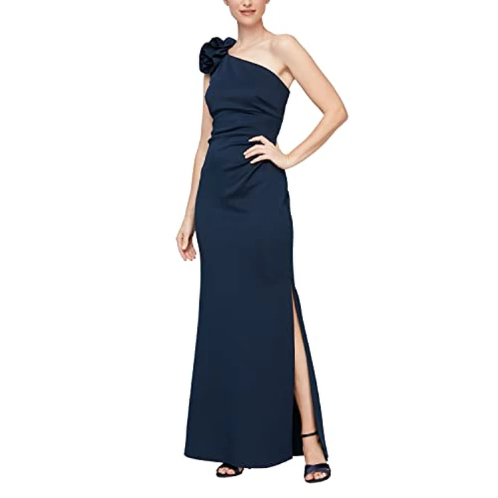 S.L. Fashions Women's Long Length Scuba One Shoulder Gown W/Flower Detail, Wedding Guest Dress, (Petite and Regular Sizes), Navy, 8 by S.L. Fashions - Image 1
