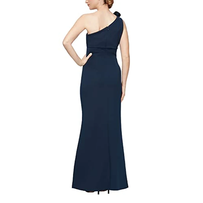 S.L. Fashions Women's Long Length Scuba One Shoulder Gown W/Flower Detail, Wedding Guest Dress, (Petite and Regular Sizes), Navy, 8 by S.L. Fashions - Image 2