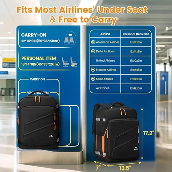 MATEIN Personal Item Backpack 18x14x8 with Shoe Compartment Detachable, Airline Approved Carry On Backpack for Travel with Electronics Case, Lightweight Luggage Bag for Spirit Airlines Fits 17" Laptop by MATEIN - Image 2