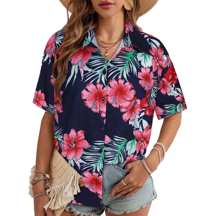 Women Hawaiian Shirt Button Down Summer Tops Beach Cool Short Sleeve V Neck Blouse(Pink Navy Floral,3XL) by CHICGAL - Used - Very Good condition - US$13.73