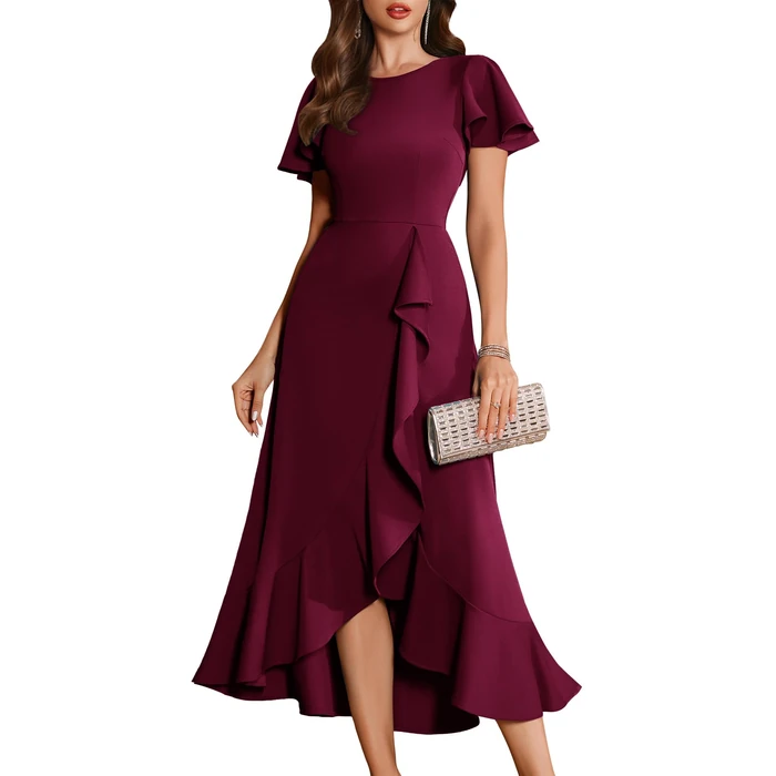BeryLove Women Formal Party Dresses Flutter Short Sleeve Wedding Guest Cocktail Long Evening Dress S007 Z-Burgundy 3XL by BeryLove - Image 1