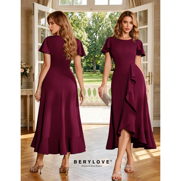 BeryLove Women Formal Party Dresses Flutter Short Sleeve Wedding Guest Cocktail Long Evening Dress S007 Z-Burgundy 3XL by BeryLove - Image 2