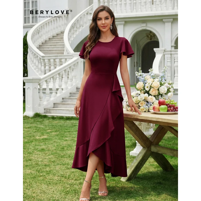 BeryLove Women Formal Party Dresses Flutter Short Sleeve Wedding Guest Cocktail Long Evening Dress S007 Z-Burgundy 3XL by BeryLove - Image 3