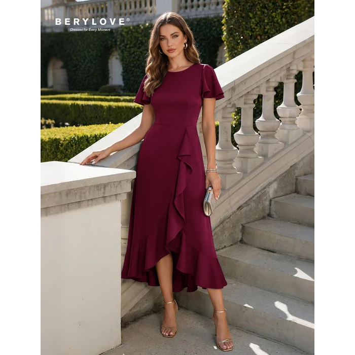 BeryLove Women Formal Party Dresses Flutter Short Sleeve Wedding Guest Cocktail Long Evening Dress S007 Z-Burgundy 3XL by BeryLove - Image 6