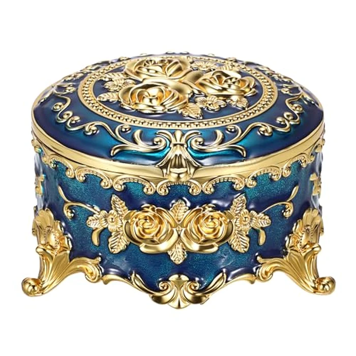 Hipiwe Vintage Jewelry Box Metal Keepsake Box Round Treasure Storage Case for Ring Earrings Necklace Holder Wedding Birthday Gift for Woman, Blue, 5.7" L x 5.1" W x 3.5" H by Hipiwe - Used - Very Good condition - US$22.56