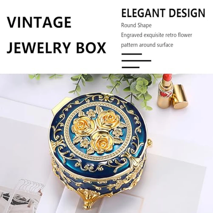 Hipiwe Vintage Jewelry Box Metal Keepsake Box Round Treasure Storage Case for Ring Earrings Necklace Holder Wedding Birthday Gift for Woman, Blue, 5.7" L x 5.1" W x 3.5" H by Hipiwe - Image 2