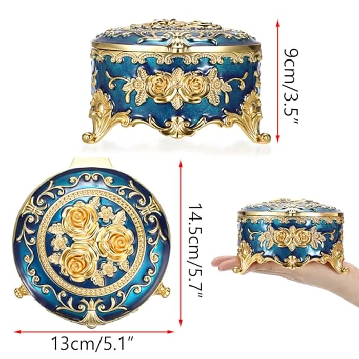 Hipiwe Vintage Jewelry Box Metal Keepsake Box Round Treasure Storage Case for Ring Earrings Necklace Holder Wedding Birthday Gift for Woman, Blue, 5.7" L x 5.1" W x 3.5" H by Hipiwe - Image 3