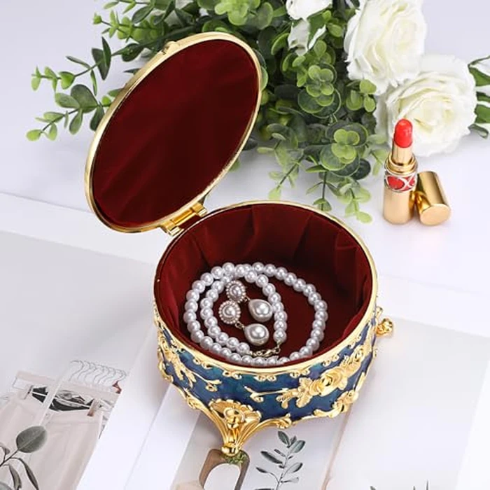 Hipiwe Vintage Jewelry Box Metal Keepsake Box Round Treasure Storage Case for Ring Earrings Necklace Holder Wedding Birthday Gift for Woman, Blue, 5.7" L x 5.1" W x 3.5" H by Hipiwe - Image 4