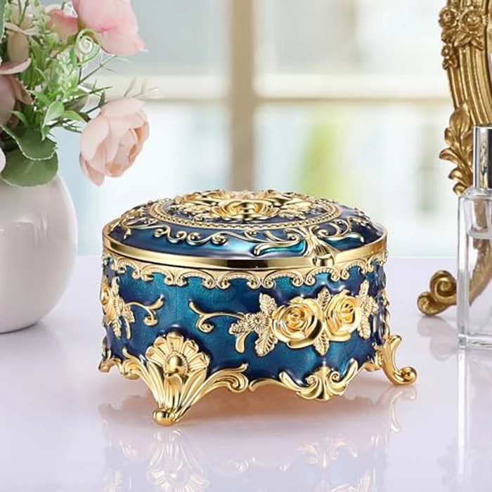 Hipiwe Vintage Jewelry Box Metal Keepsake Box Round Treasure Storage Case for Ring Earrings Necklace Holder Wedding Birthday Gift for Woman, Blue, 5.7" L x 5.1" W x 3.5" H by Hipiwe - Image 5