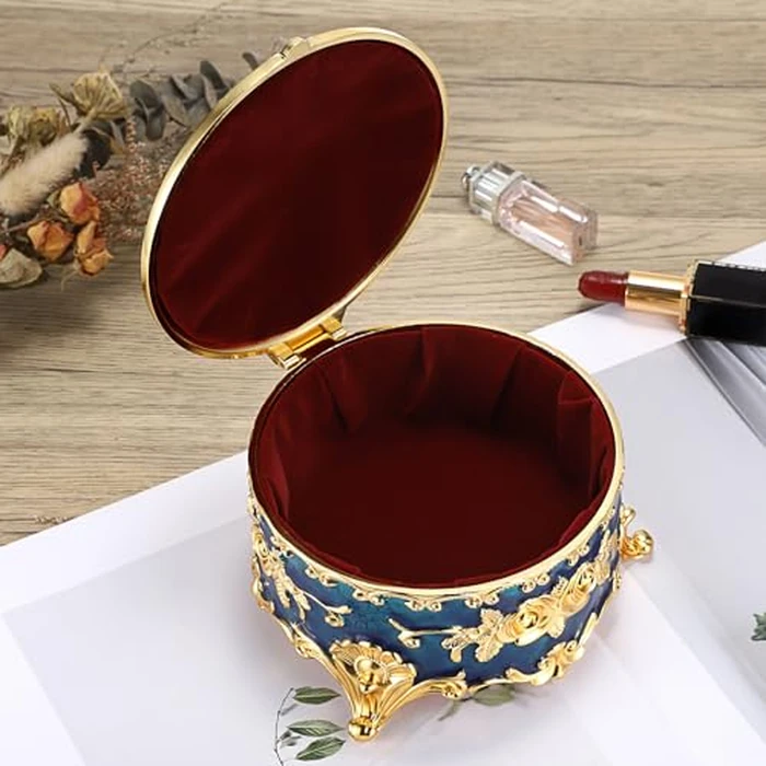 Hipiwe Vintage Jewelry Box Metal Keepsake Box Round Treasure Storage Case for Ring Earrings Necklace Holder Wedding Birthday Gift for Woman, Blue, 5.7" L x 5.1" W x 3.5" H by Hipiwe - Image 6