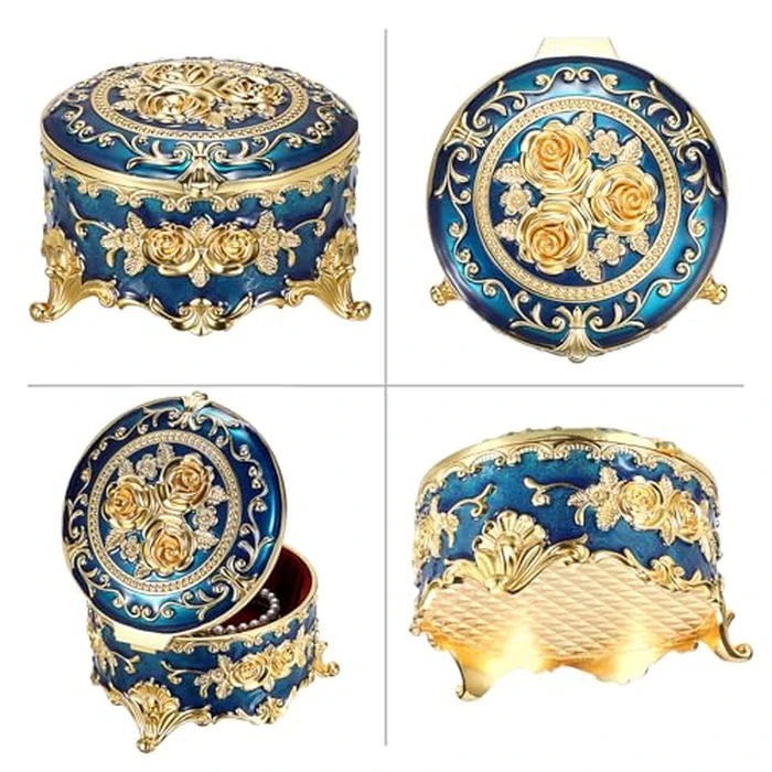 Hipiwe Vintage Jewelry Box Metal Keepsake Box Round Treasure Storage Case for Ring Earrings Necklace Holder Wedding Birthday Gift for Woman, Blue, 5.7" L x 5.1" W x 3.5" H by Hipiwe - Image 8