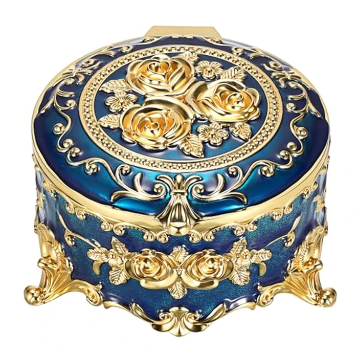 Hipiwe Vintage Jewelry Box Metal Keepsake Box Round Treasure Storage Case for Ring Earrings Necklace Holder Wedding Birthday Gift for Woman, Blue, 5.7" L x 5.1" W x 3.5" H by Hipiwe - Image 9