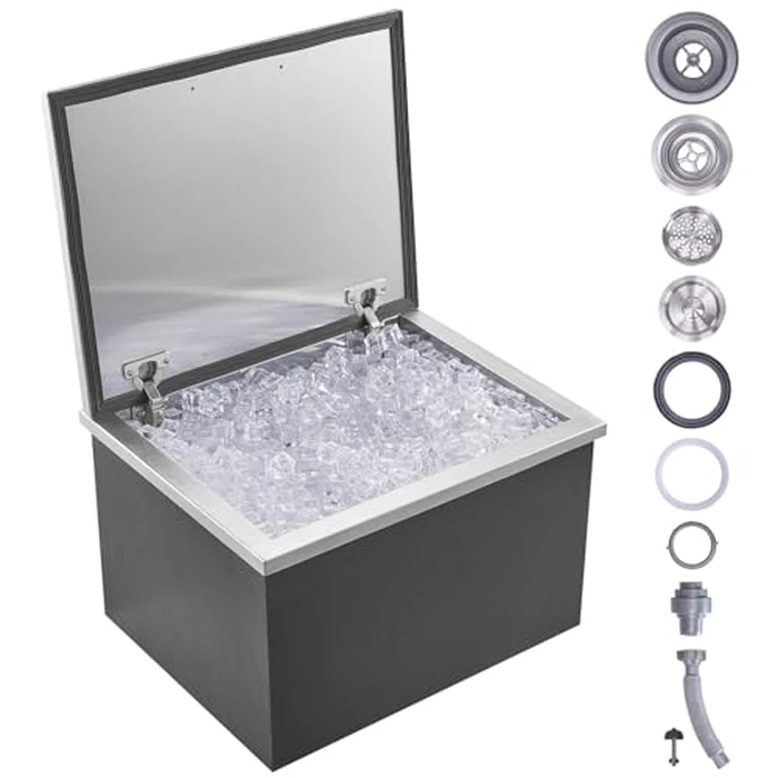VEVOR Drop in Ice Chest, 20" L x 16" W x 13" H Stainless Steel Ice Cooler, Commercial Ice Bin with Hinged Cover, 40 qt Outdoor Kitchen Ice Bar, Drain-Pipe and Drain Plug Included, for Cold Wine Beer by VEVOR - Used - Like New condition