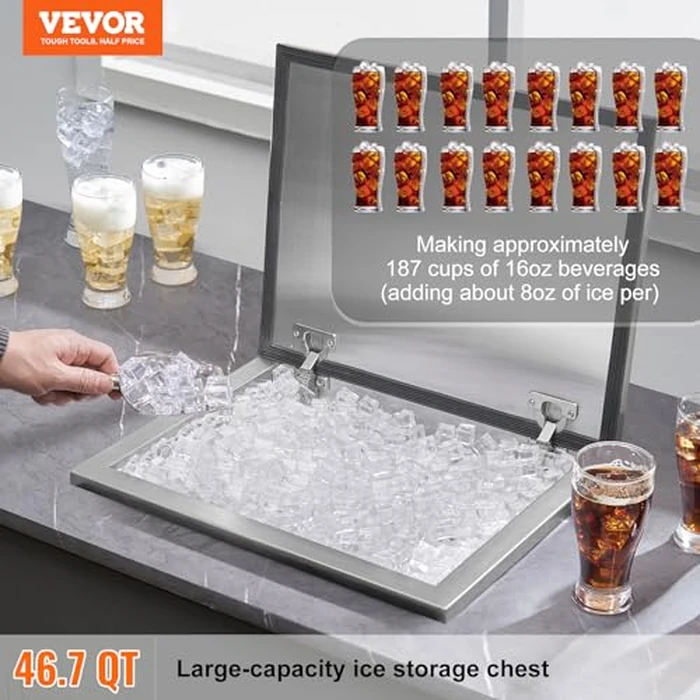 VEVOR Drop in Ice Chest, 20" L x 16" W x 13" H Stainless Steel Ice Cooler, Commercial Ice Bin with Hinged Cover, 40 qt Outdoor Kitchen Ice Bar, Drain-Pipe and Drain Plug Included, for Cold Wine Beer by VEVOR - Image 2