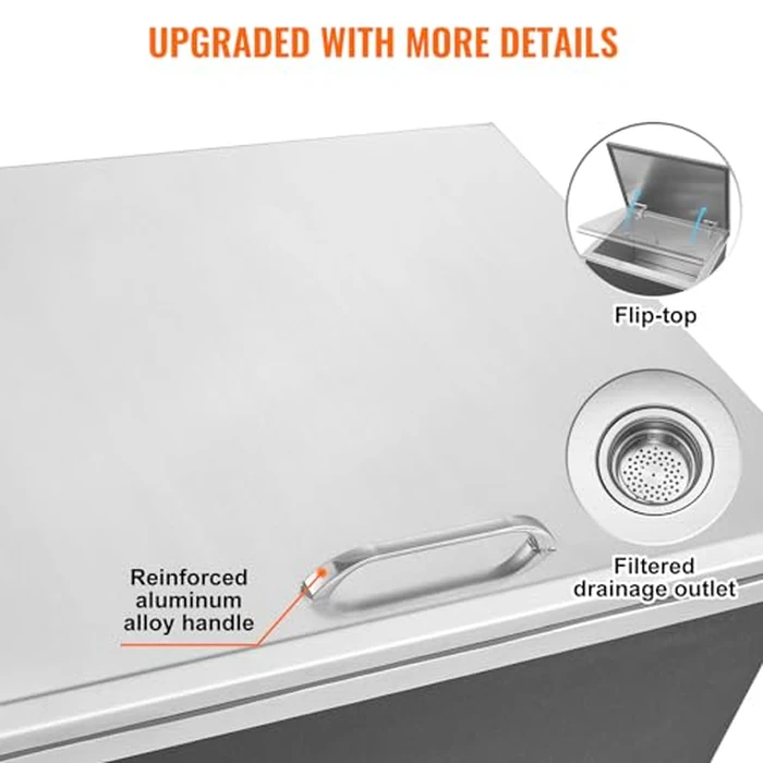 VEVOR Drop in Ice Chest, 20" L x 16" W x 13" H Stainless Steel Ice Cooler, Commercial Ice Bin with Hinged Cover, 40 qt Outdoor Kitchen Ice Bar, Drain-Pipe and Drain Plug Included, for Cold Wine Beer by VEVOR - Image 5