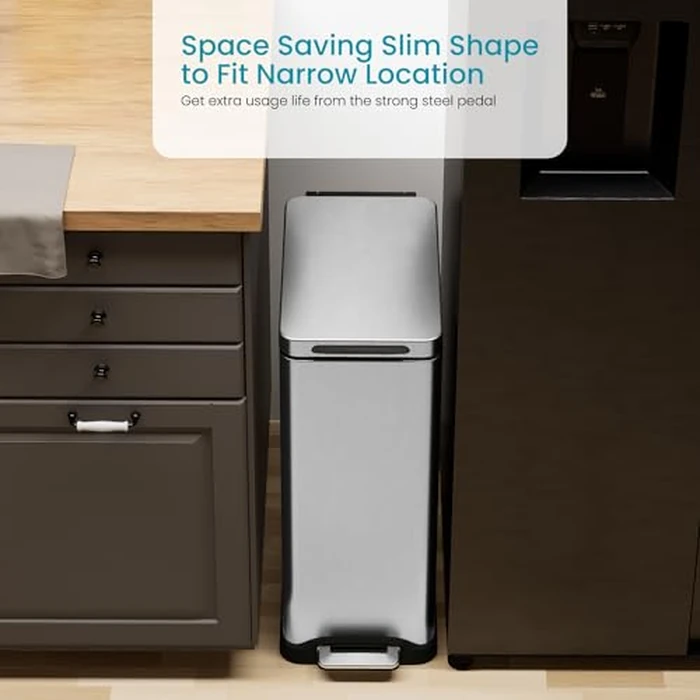 Home Zone Living 12 Gallon Slim Kitchen Trash Can with Soft Close Lid, Step Pedal, Bag Tuck Band, and Removable Liner, Stainless Steel, Silver by Home Zone Living - Image 2