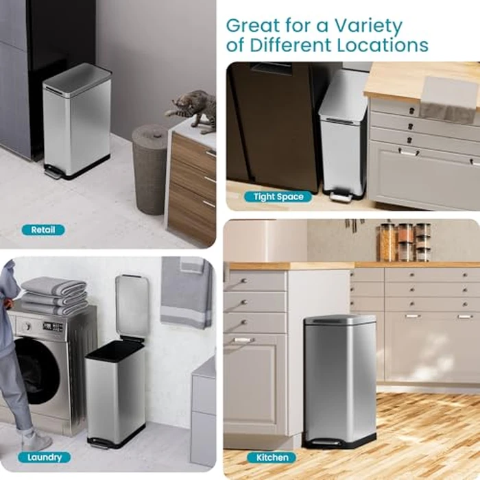 Home Zone Living 12 Gallon Slim Kitchen Trash Can with Soft Close Lid, Step Pedal, Bag Tuck Band, and Removable Liner, Stainless Steel, Silver by Home Zone Living - Image 3