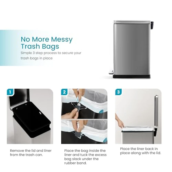 Home Zone Living 12 Gallon Slim Kitchen Trash Can with Soft Close Lid, Step Pedal, Bag Tuck Band, and Removable Liner, Stainless Steel, Silver by Home Zone Living - Image 4