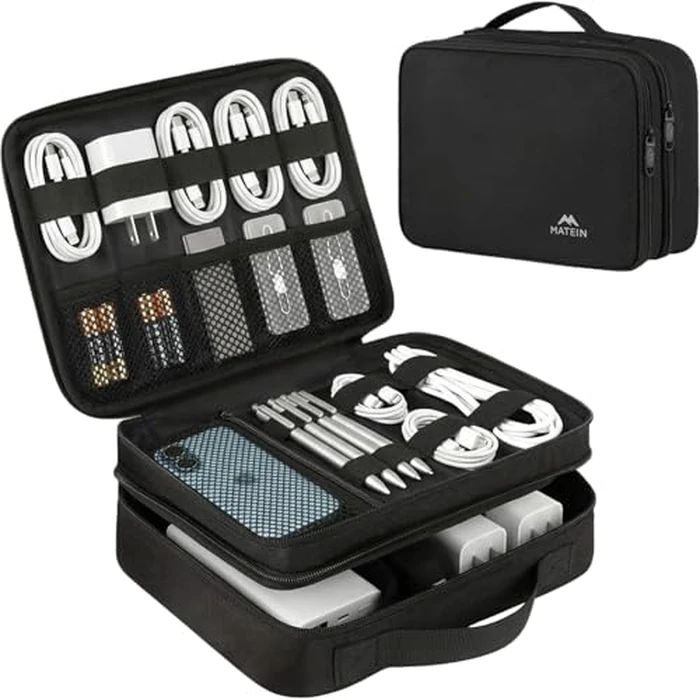 MATEIN Electronics Organizer Travel Case, Water Resistant Cable Organizer Bag for Travel Essentials, Gifts for Men, Storage Bag for Camera Accessories, Phone, Cord & Tablet, Black by MATEIN - Used - Very Good condition