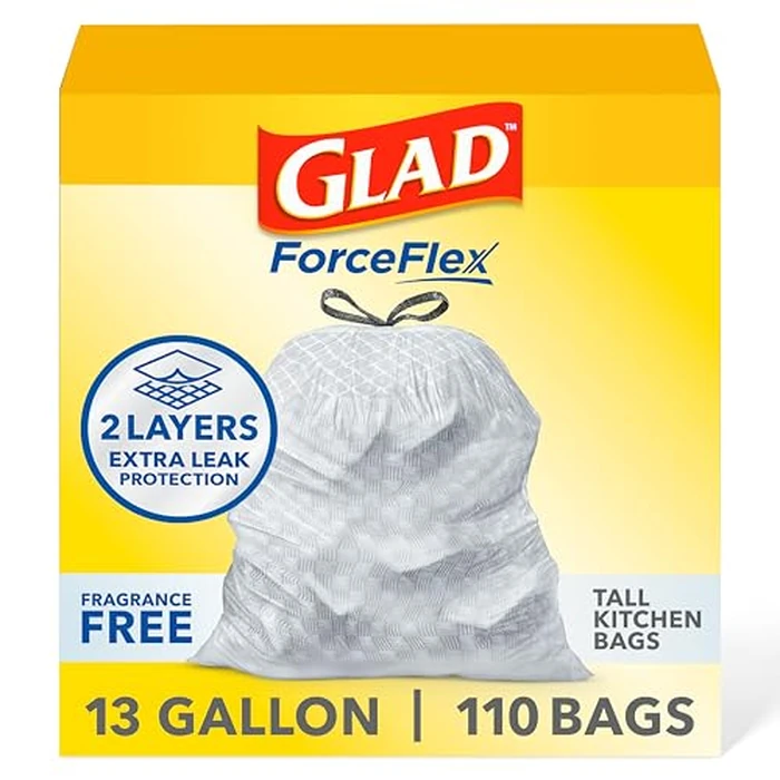 Glad ForceFlex Tall Kitchen Drawstring Trash Bags, 13 Gal, Fragrance Free, 110 Ct (Package May Vary) by Glad - Used - Very Good condition - US$18.21