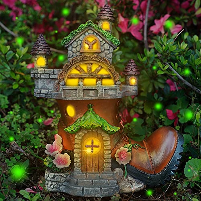 FORUP 10 Inch Fairy House Garden Statues with Boots, Fairy Garden Decor House Kit, Solar Powered Lights Garden Figurine for Outdoor Patio Lawn Yard Garden Decorations by FORUP - Used - Very Good condition