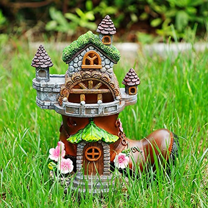 FORUP 10 Inch Fairy House Garden Statues with Boots, Fairy Garden Decor House Kit, Solar Powered Lights Garden Figurine for Outdoor Patio Lawn Yard Garden Decorations by FORUP - Image 7