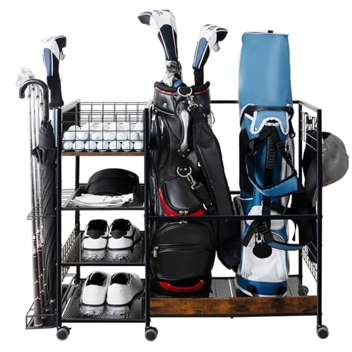 Golf Bag Organizer for Garage, Golf Accessories for Men Women, Golf Bag Stand, Golf Storage Organizer with 2 Hooks, Storage Rack for 2 Golf Bags, Sports Equipment Organize, Golf Club Holder by OEERDER - Image 1