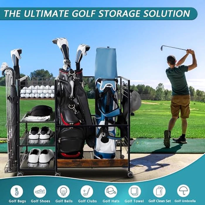 Golf Bag Organizer for Garage, Golf Accessories for Men Women, Golf Bag Stand, Golf Storage Organizer with 2 Hooks, Storage Rack for 2 Golf Bags, Sports Equipment Organize, Golf Club Holder by OEERDER - Image 2