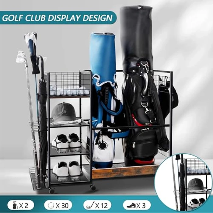 Golf Bag Organizer for Garage, Golf Accessories for Men Women, Golf Bag Stand, Golf Storage Organizer with 2 Hooks, Storage Rack for 2 Golf Bags, Sports Equipment Organize, Golf Club Holder by OEERDER - Image 4