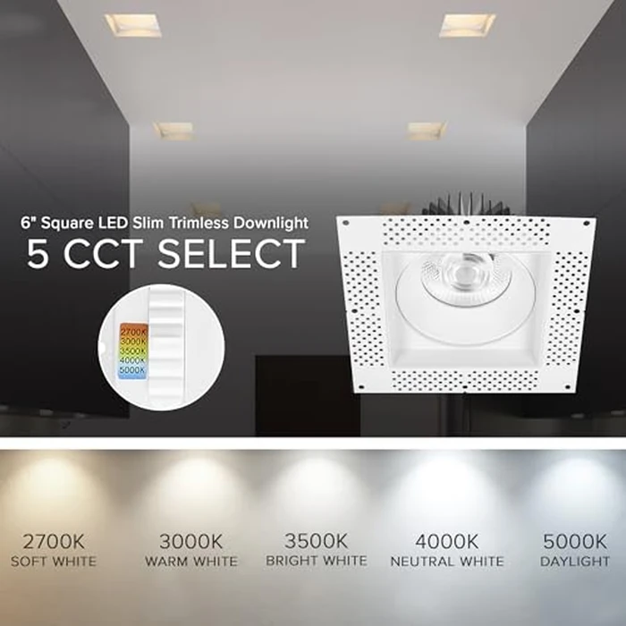 Maxxima 6” Trimless Ultra-Thin Square Recessed Anti-Glare LED Downlight, Canless IC Rated, 1800 Lumens 5 Color Temperature Selectable 2700K/3000K/3500K/4000K/5000K Dimmable, 90 CRI, J-Box Included by Maxxima - Image 4