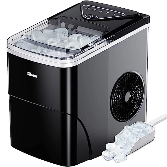 Silonn Ice Maker Countertop, 9 Cubes Ready in 6 Mins, 26lbs in 24Hrs, Self-Cleaning Ice Machine with Ice Scoop and Basket, 2 Sizes of Bullet Ice for Home Kitchen Office Bar Party by Silonn - Used - Good condition