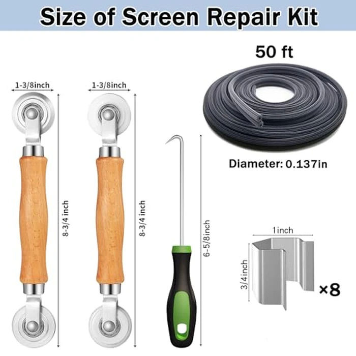 King&Charles Window Screen Door Repair/Replacement Kit, Include Black Screen Mesh 48"x118"+ 2 Roller+50Ft Spline+8Clips+Hook, 6 in 1 Window Mesh Kit, Steel/Nylon Bearing Roller by King&Charles - Image 7