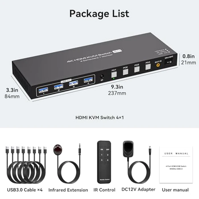 ATLAHET HDMI KVM Switch 1 Monitor 4 Computers 4K 60Hz KVM Switches 4 Port for 4PCs Share 1 Monitor and Four USB Devices Like Keyboard Mouse Printer etc. Includes Accessories - 4K by ATLAHET - Image 7