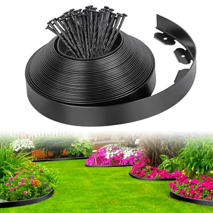 2-Inch x 33 FT Landscape Edging Border with 50 Spikes, Garden Edging Border Lawn Edging, Plastic Edging for Landscaping Flower Beds Yard Pathway Paver Edging (Black) by FunFanso - Used - Like New condition
