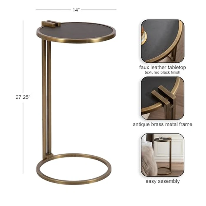 Kate and Laurel Monsanto Modern Vegan Leather Round C-Table, 15 x 14 x 28, Black and Antique Brass, Metal C-Shaped Side Table for Use as Living Room Decor Accent or Indoor Plant Stand by Kate and Laurel - Image 2