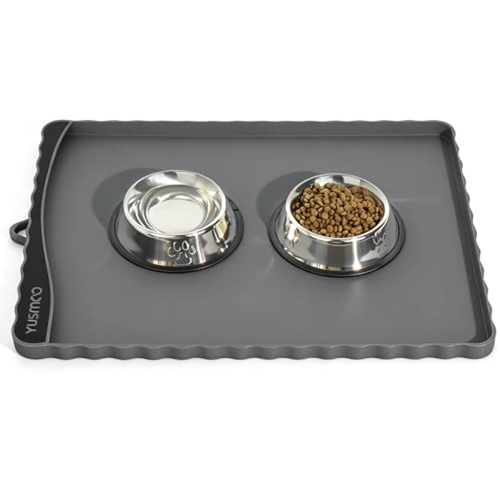 YUSMOO Dog Food Mat 20" x 15", Waterproof Silicone Pet Feeding Mat with Raised Edge & Residue Pocket, Non-Slip Bowl Mat for Dog Cat Food and Water, Easy to Clean Floor Protector by YUSMOO - Used - Like New condition