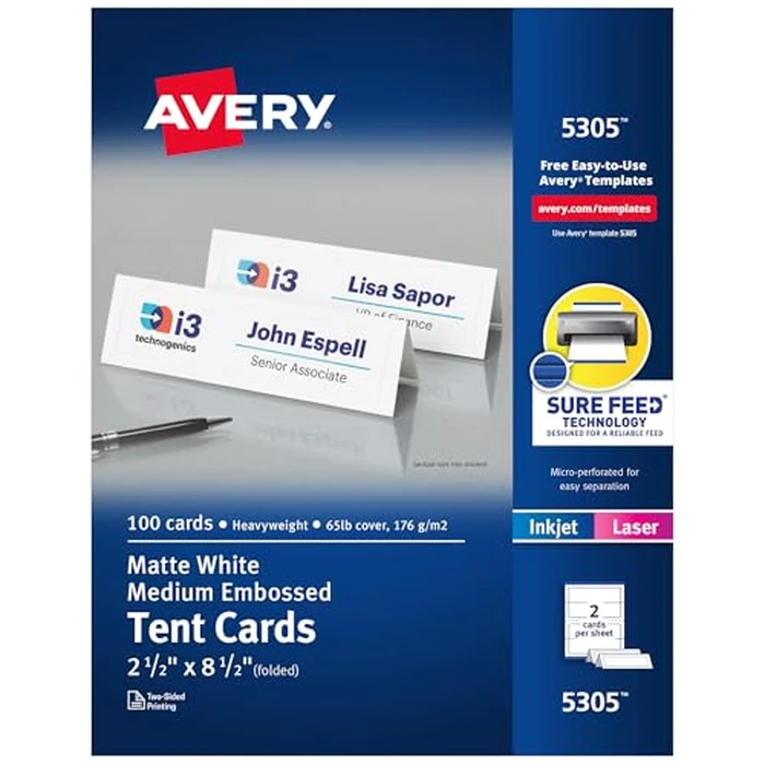 Avery Printable Tent Cards with Sure Feed Technology, 2-1/2" x 8-1/2", Matte White with Embossed Border, 100 Blank Place Cards for Laser and Inkjet Printers (5305) by Avery - Used - Like New condition - US$10.38