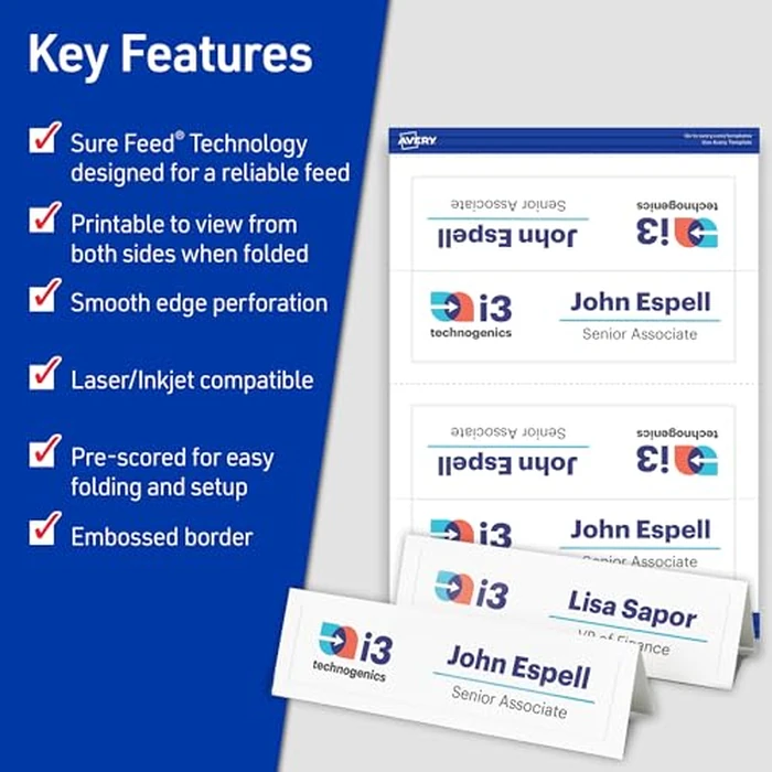 Avery Printable Tent Cards with Sure Feed Technology, 2-1/2" x 8-1/2", Matte White with Embossed Border, 100 Blank Place Cards for Laser and Inkjet Printers (5305) by Avery - Image 2