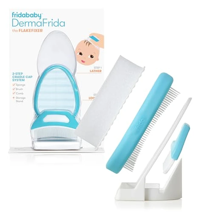 Frida Baby The 3-Step Cradle Cap System, DermaFrida The FlakeFixer, Sponge, Brush, Comb and Storage Stand for Babies with Cradle Cap, White-Blue by Frida Baby - Used - Very Good condition - US$10.61