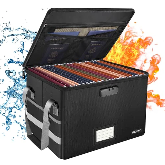 File Box with Lock,ENGPOW Fireproof Box File Storage Organizer Anti-Static Box,Collapsible Fireproof Document Box Filing Box with Handle,Portable Home Office Safe Box for Hanging Letter/Legal Folder by ENGPOW - Used - Like New condition - CA$35.59