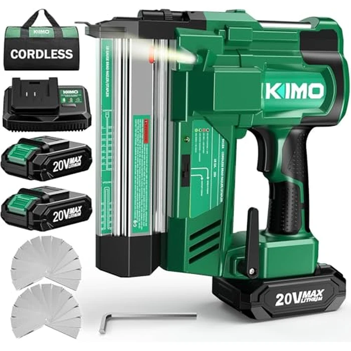 KIMO 2" Brad Nailer Cordless 18 Gauge w/ 20V Battery 2.0Ah X 2, 1000pcs Nails and Staples, 2 Firing Modes,180 Nails/min, Adjustable Nailing Depth, 2 in 1 Cordless Nail Gun and Stapler for DIY Project by K I M O. - Used - Acceptable condition - US$105.88