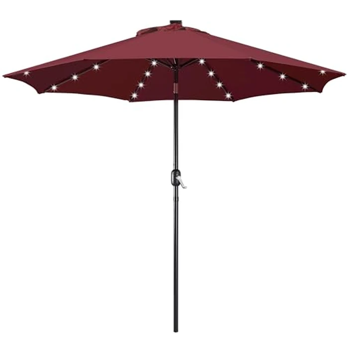 Yaheetech 9FT Solar Powered Patio Umbrella - UV Protection Market Table Umbrella w/ 32 LED Lights & Push Button Tilt & Crank Lift System for Garden/Lawn/Deck/Backyard/Pool, Burgundy by Yaheetech - Image 1