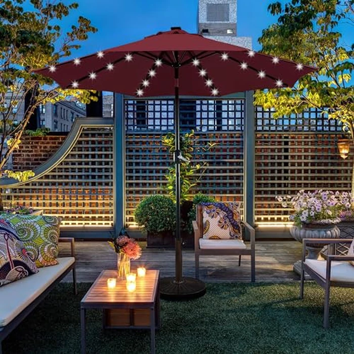 Yaheetech 9FT Solar Powered Patio Umbrella - UV Protection Market Table Umbrella w/ 32 LED Lights & Push Button Tilt & Crank Lift System for Garden/Lawn/Deck/Backyard/Pool, Burgundy by Yaheetech - Image 5