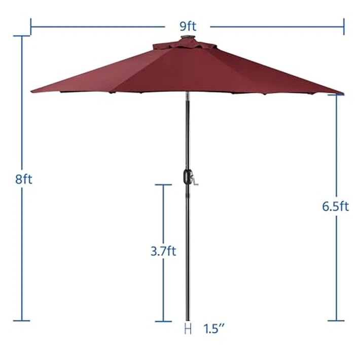 Yaheetech 9FT Solar Powered Patio Umbrella - UV Protection Market Table Umbrella w/ 32 LED Lights & Push Button Tilt & Crank Lift System for Garden/Lawn/Deck/Backyard/Pool, Burgundy by Yaheetech - Image 6