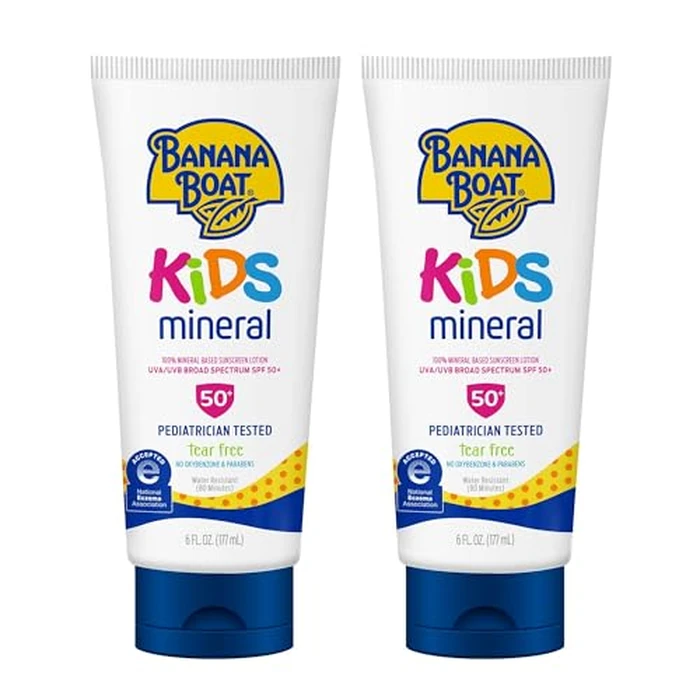 Banana Boat 100% Mineral Kids Sunscreen Lotion SPF 50, Twin Pack | Banana Boat Mineral Sunscreen for Kids, Childrens Sunblock SPF 50, Oxybenzone Free, 6Fl Oz each (Pack of 2) by Banana Boat - Image 1